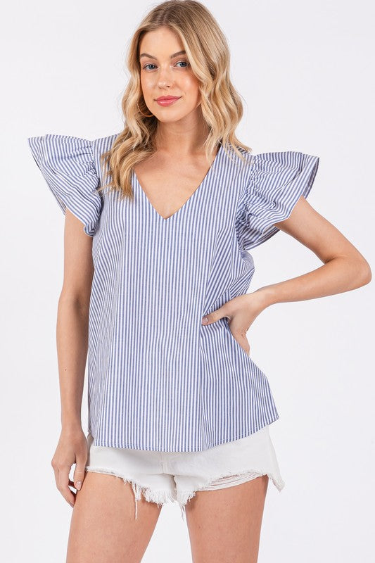 Ces Femme Striped V-Neck Ruffled Cap Sleeve Blouse *