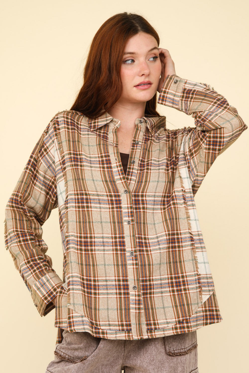 VERY J Contrast Plaid Raw Detail Shirt *