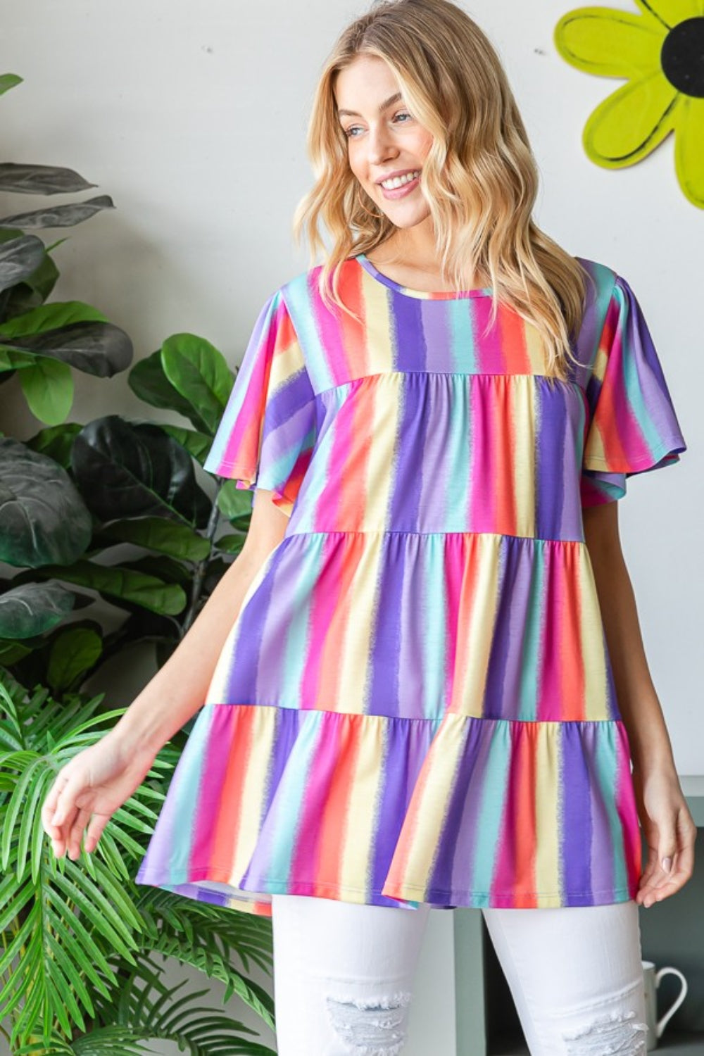 Heimish Full Size Short Sleeve Striped Tiered Top *