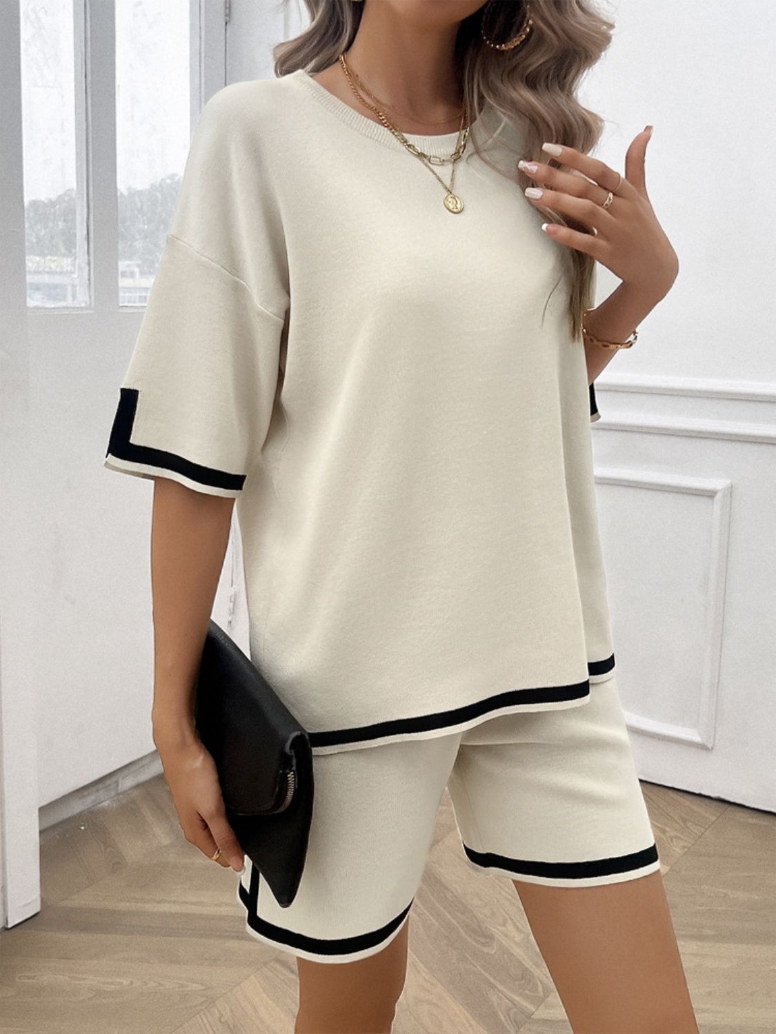 Devine Contrast Trim Round Neck Top and Shorts Set