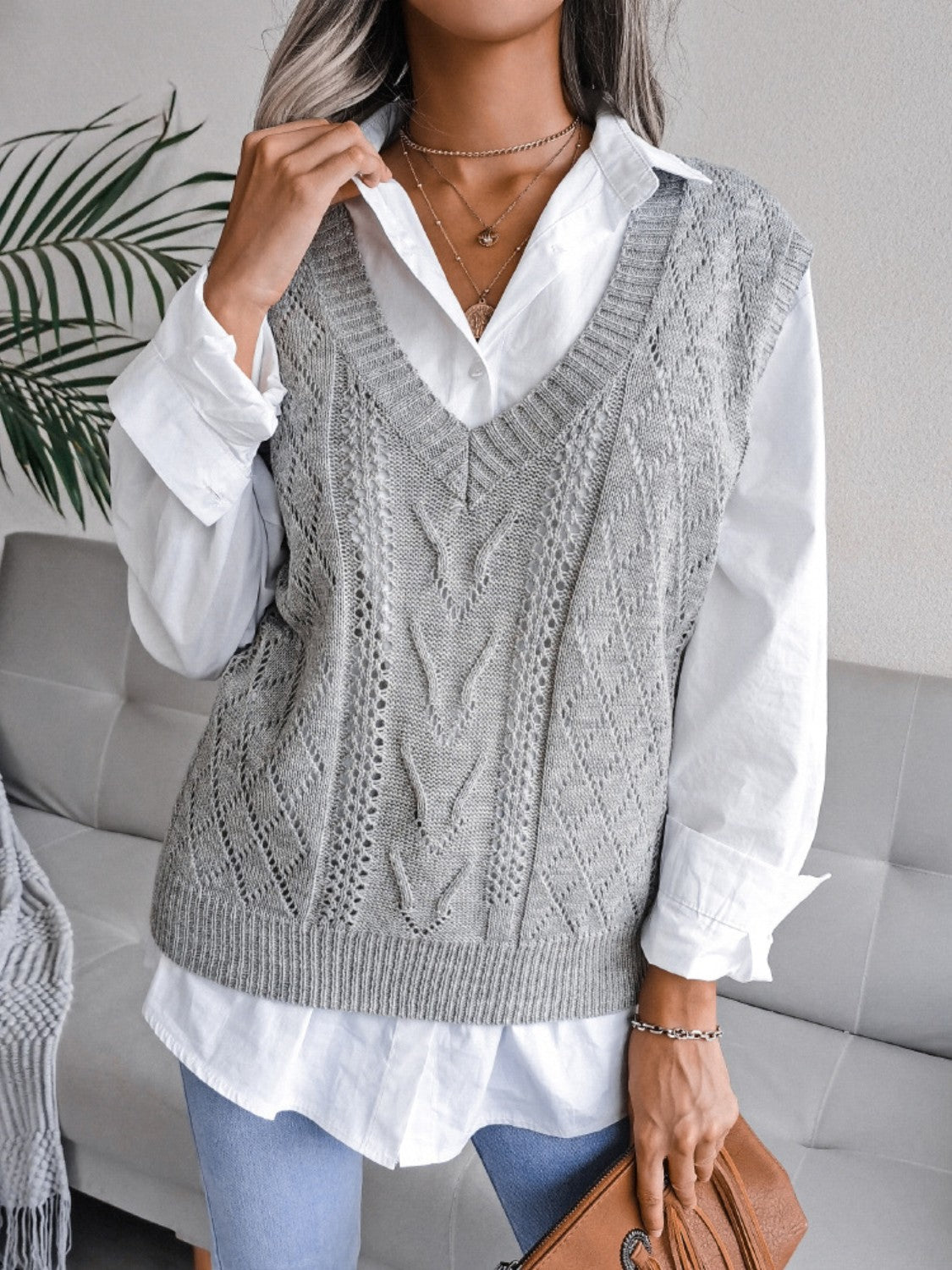 Openwork V-Neck Sweater Vest