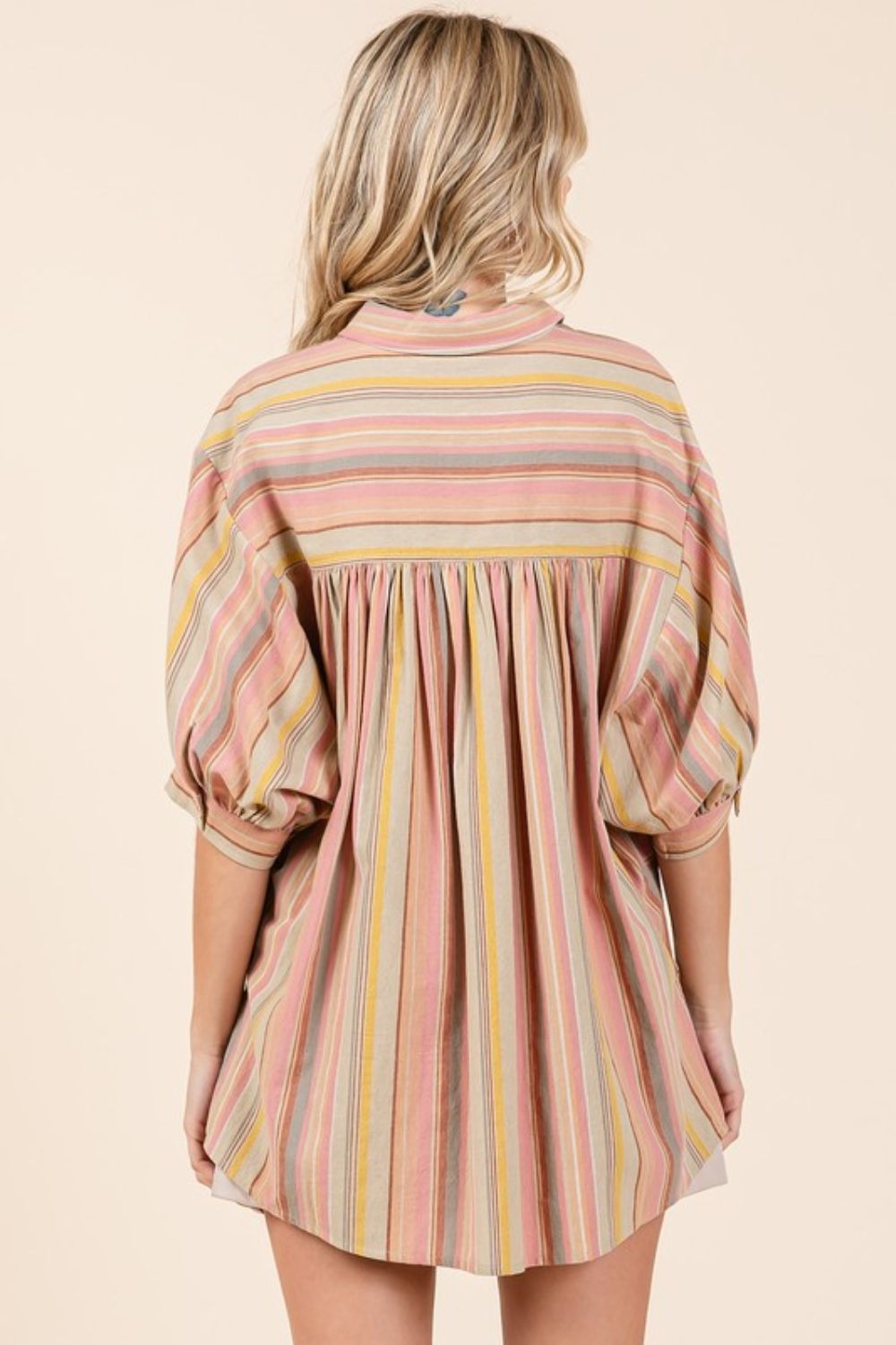 Mittoshop Striped Bubble Sleeve Button Down Shirt