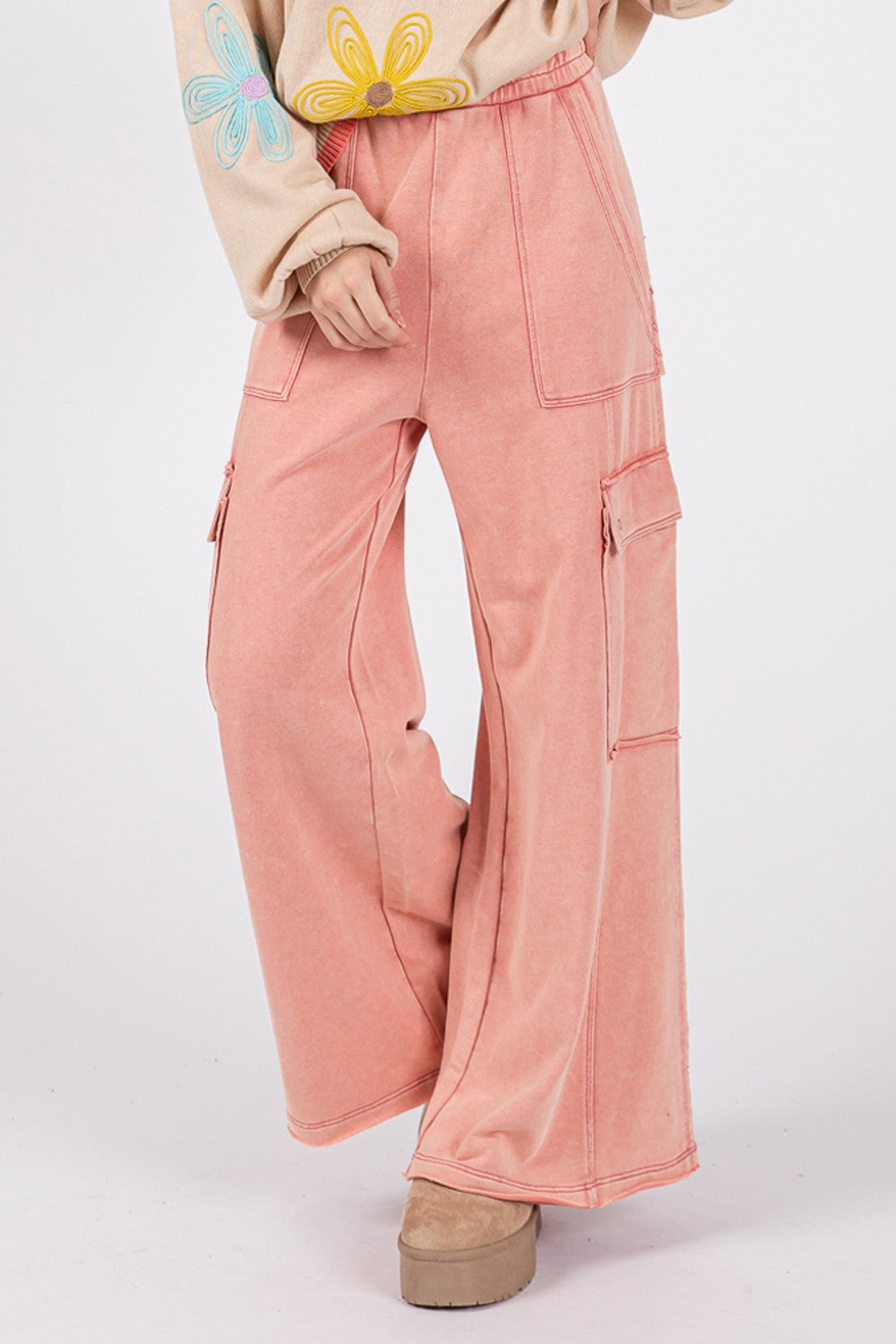 SAGE + FIG Knit Terry Mineral Wash Wide Leg Pants