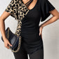 Ruched Leopard Flutter Sleeve T-Shirt