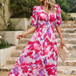 Smocked Printed V-Neck Half Sleeve Midi Dress