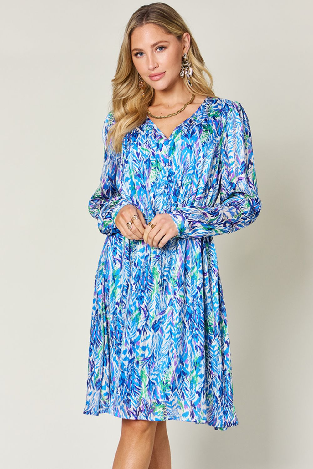 Double Take Full Size Printed Drawstring Waist Long Sleeve Dress