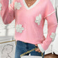 Perfee Flower V-Neck Long Sleeve Sweater