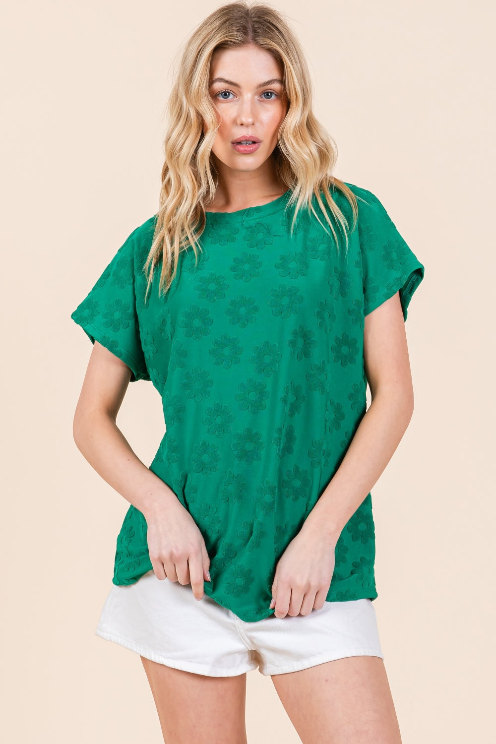 BOMBOM Textured Floral Pattern Short Sleeve T-Shirt *