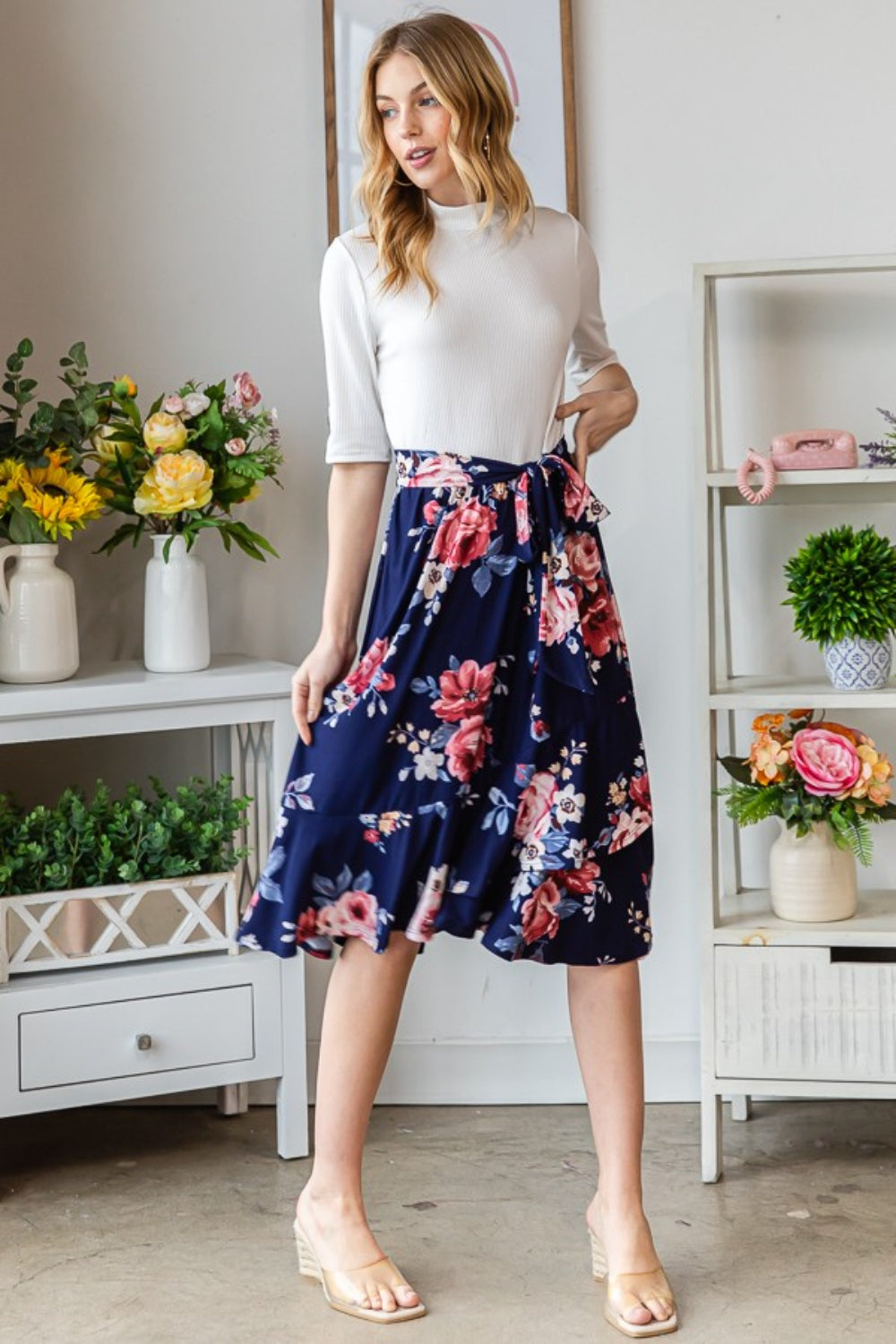 Reborn J Floral Wrap Ruffled Navy Blue Skirt