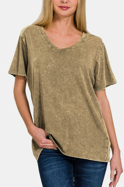 Zenana Washed Short Sleeve V-Neck T-Shirt - Brand Zenana