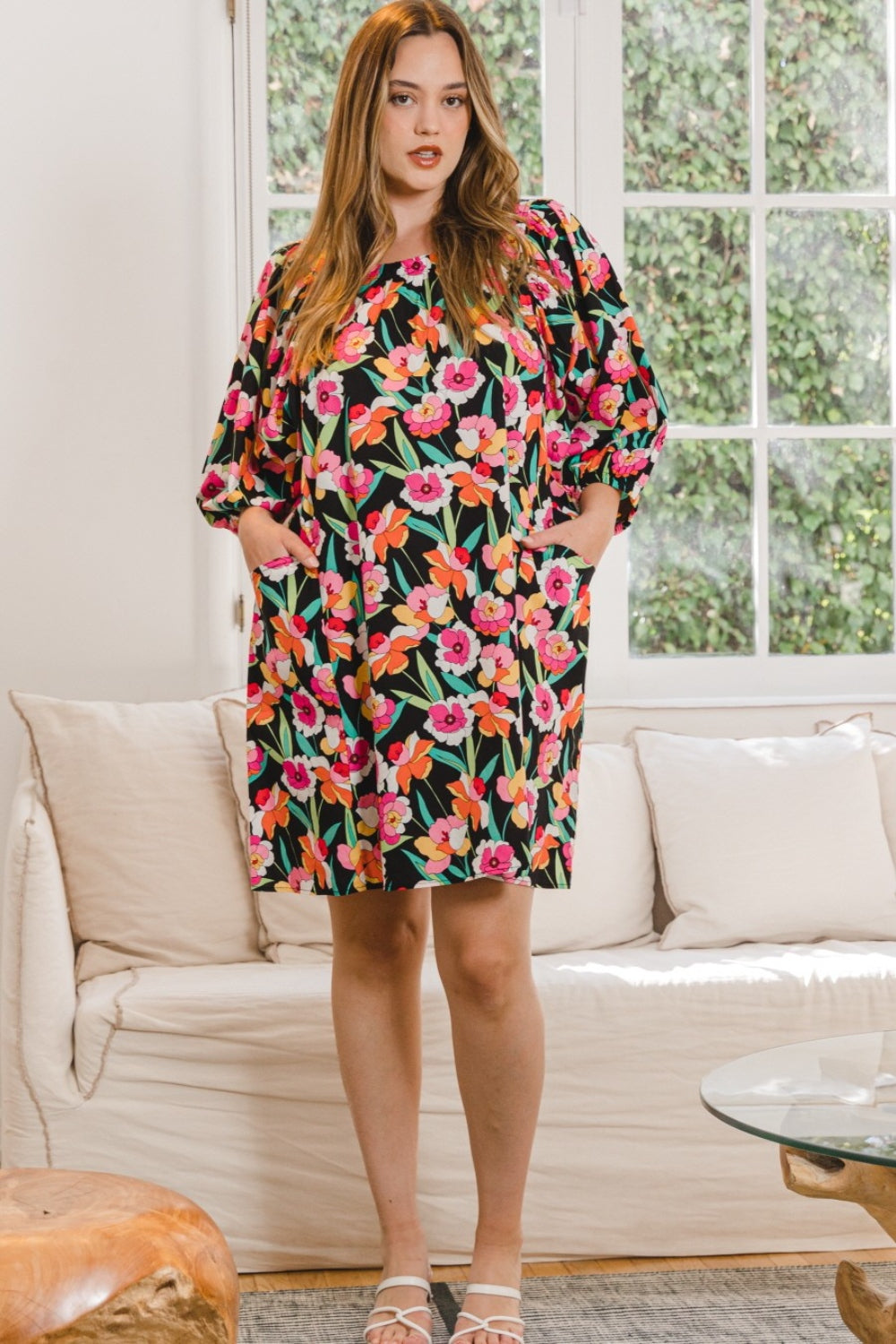 ODDI Full Size Floral Puff Sleeve Mini Dress