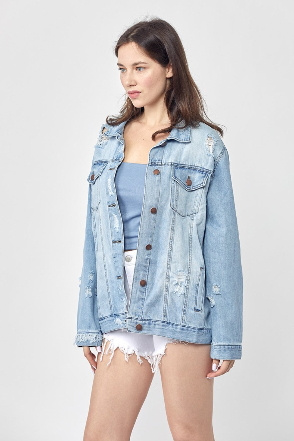 RISEN Full Size Distressed Long Sleeve Denim Jacket *