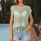 Openwork Cap Sleeve Knit Cover Up with Tassel