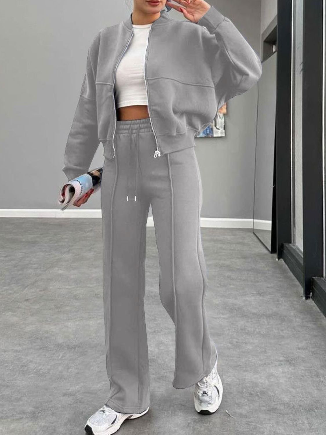 Baseball Collar Zip Up Outerwear and Drawstring Pants Set