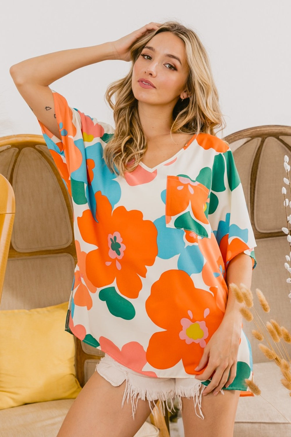 BiBi Floral V Neck Slit Side T-Shirt - Brand BiBi *