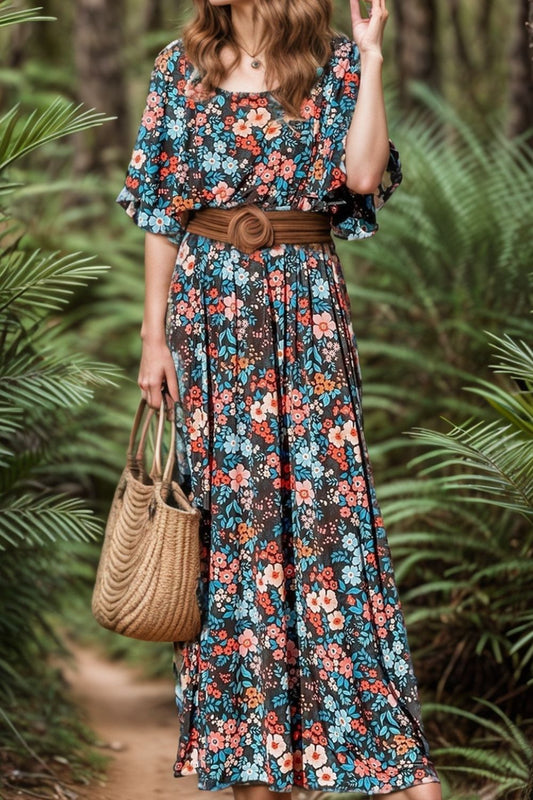 Tied Printed Round Neck Half Sleeve Maxi Dress