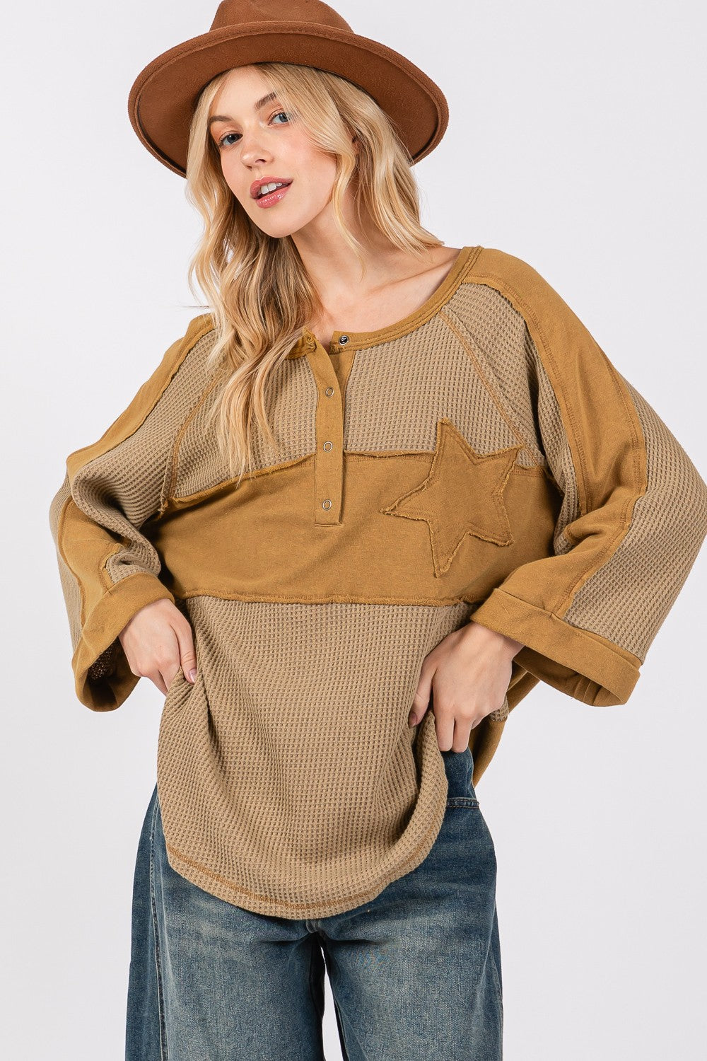 SAGE + FIG Star Applique Patch Exposed Seam Waffle Knit Top *