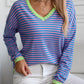 Contrast Trim Striped V-Neck Long Sleeve Knit Top