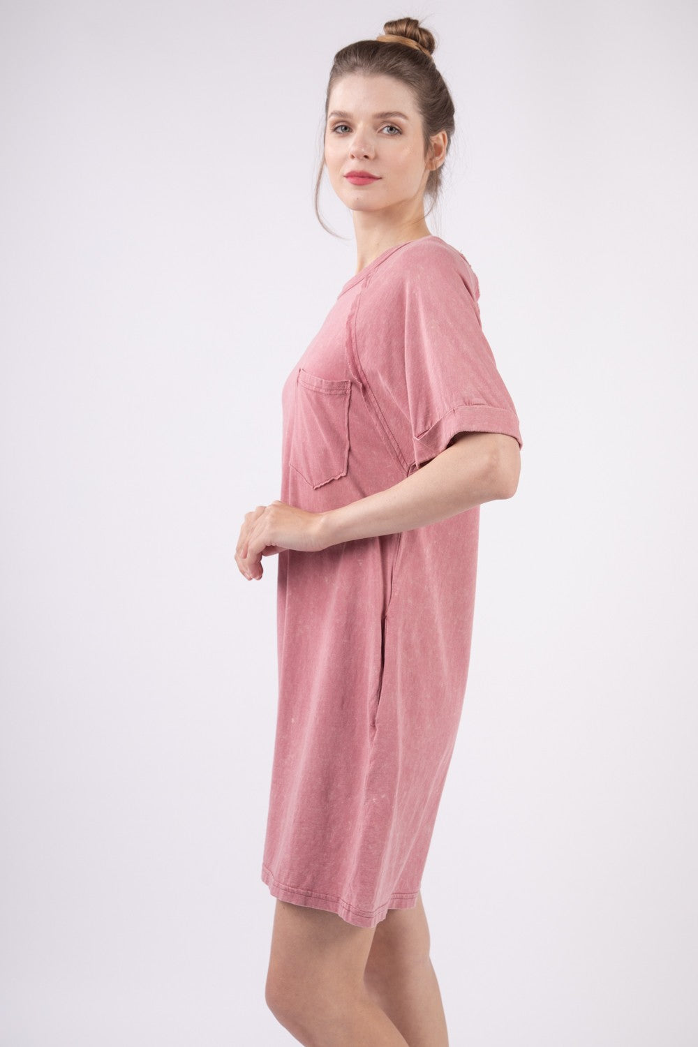VERY J Washed Mauve Round Neck Mini Tee Dress *