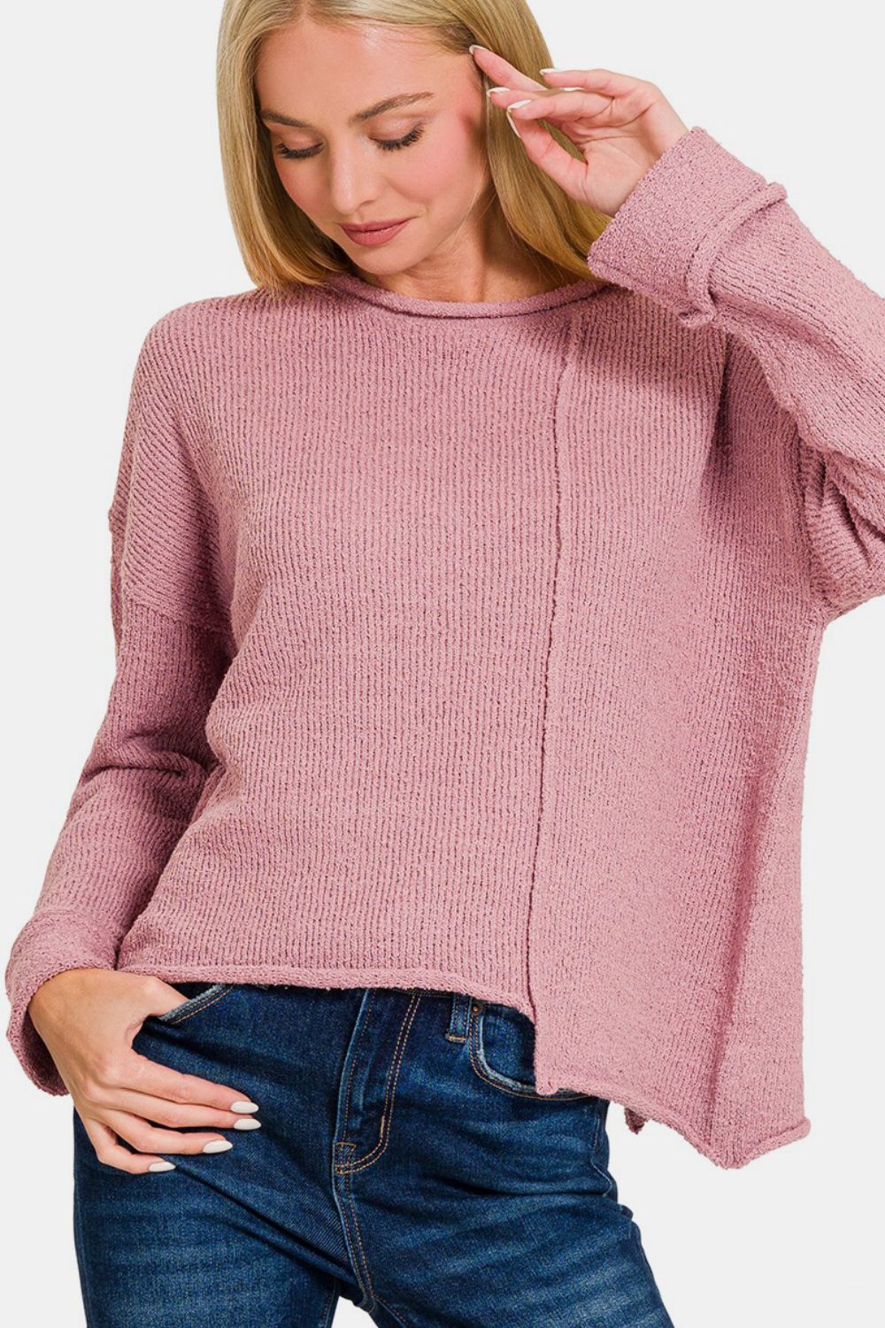 Zenana Asymmetric Hem Drop Shoulder Sweater *
