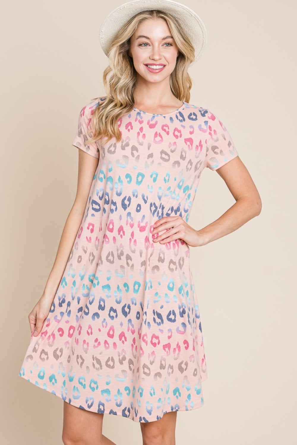 BOMBOM Leopard Round Neck Short Sleeve Dress *