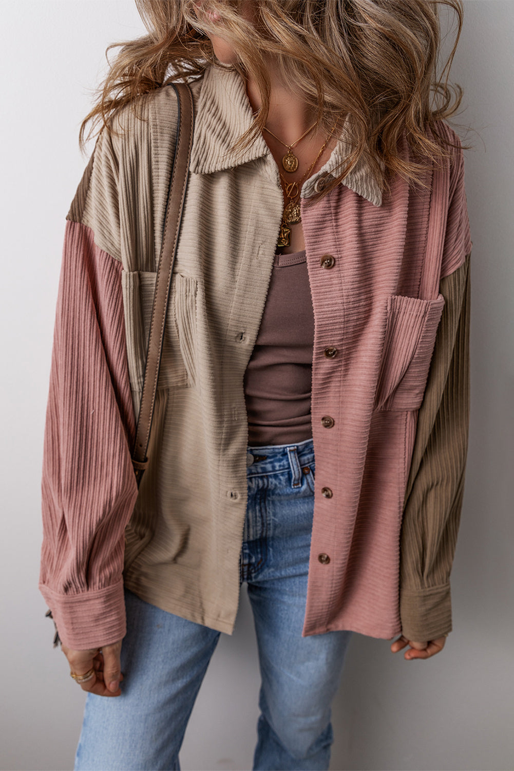 Dusty Pink Button Up Color Block  Long Sleeve Shacket