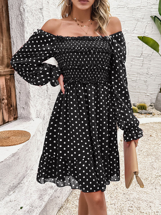 Smocked Polka Dot Long Sleeve Dress