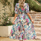 Smocked Printed V-Neck Half Sleeve Midi Dress