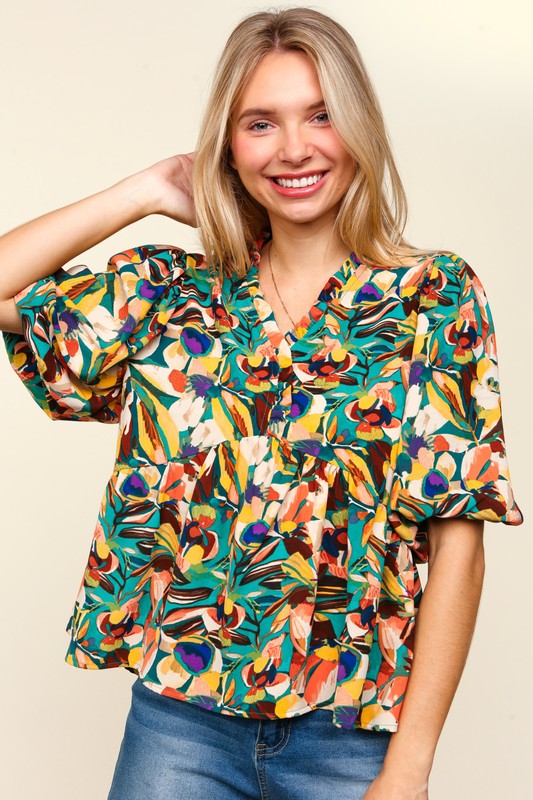 Haptics Full Size Frill Floral Puff Sleeve Peplum Blouse *