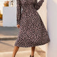 Perfee Leopard Surplice Long Sleeve Midi Dress