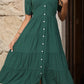 V-Neck Button Up Balloon Sleeve Midi Dress