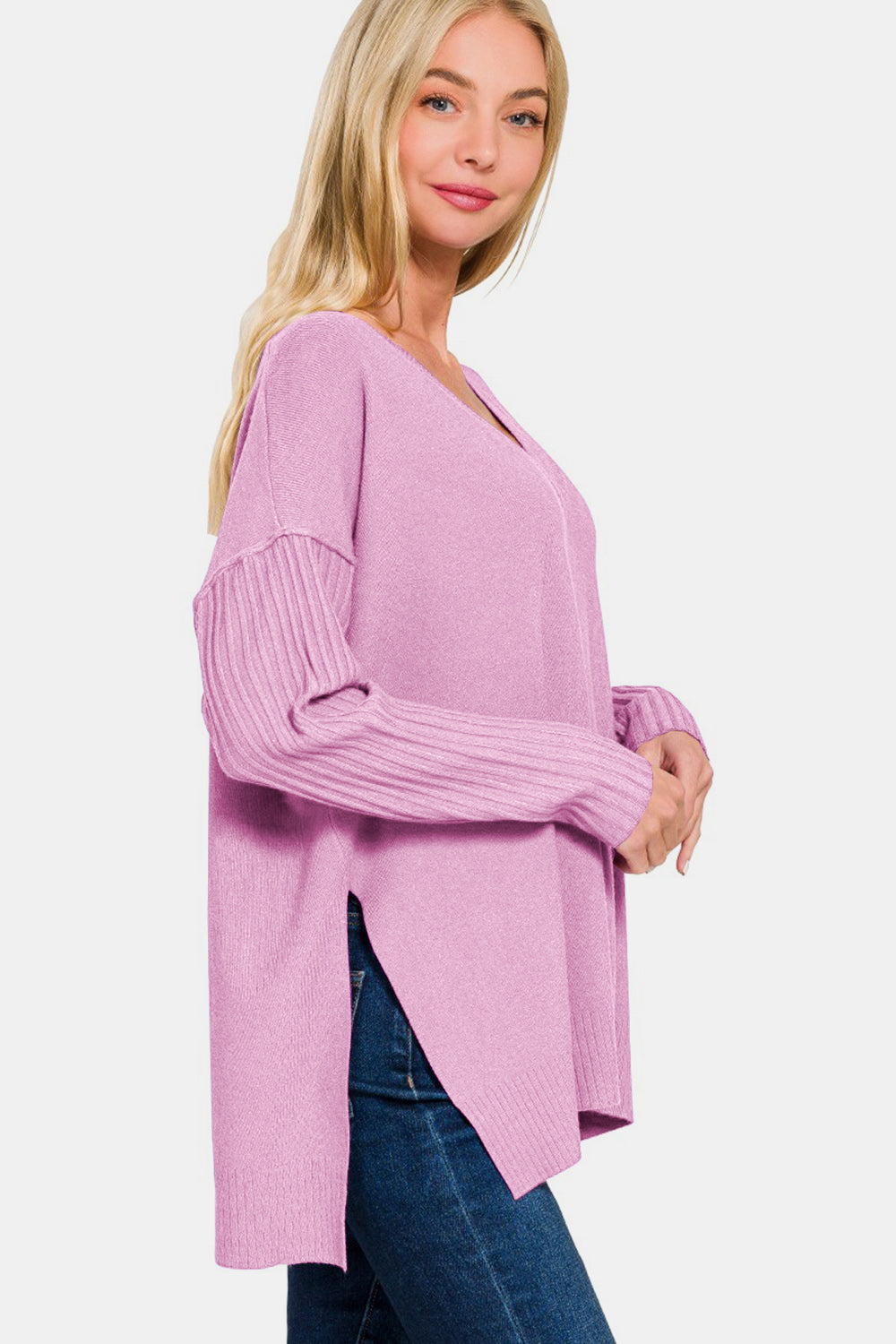 Zenana V-Neck Side Slit High-Low Sweater *