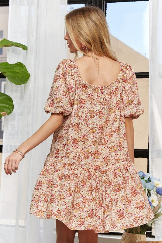 ADORA Floral Square Neck Puff Sleeve Dress