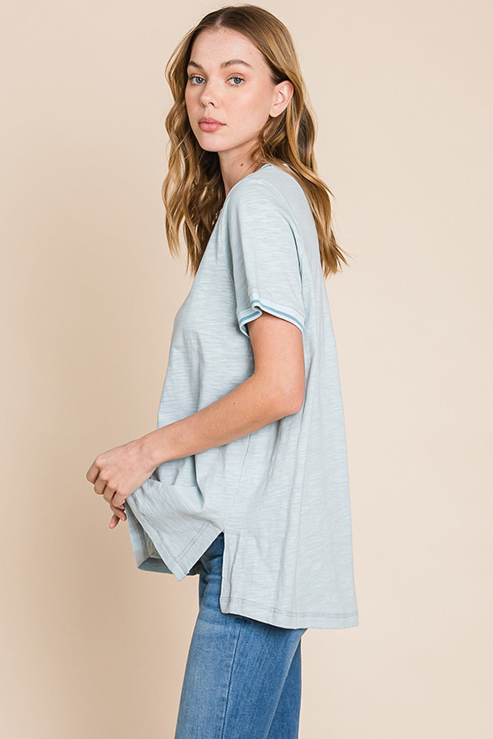 Cotton Bleu by Nu Lab Contrast Trim Short Sleeve Slit T-Shirt *
