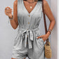 Perfee Striped V-Neck Tie Waist Romper
