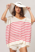 BiBi V Neck Striped Short Sleeve Top - Brand BiBi *