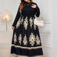 Plus Size Printed Mock Neck Black Long Sleeve Dress