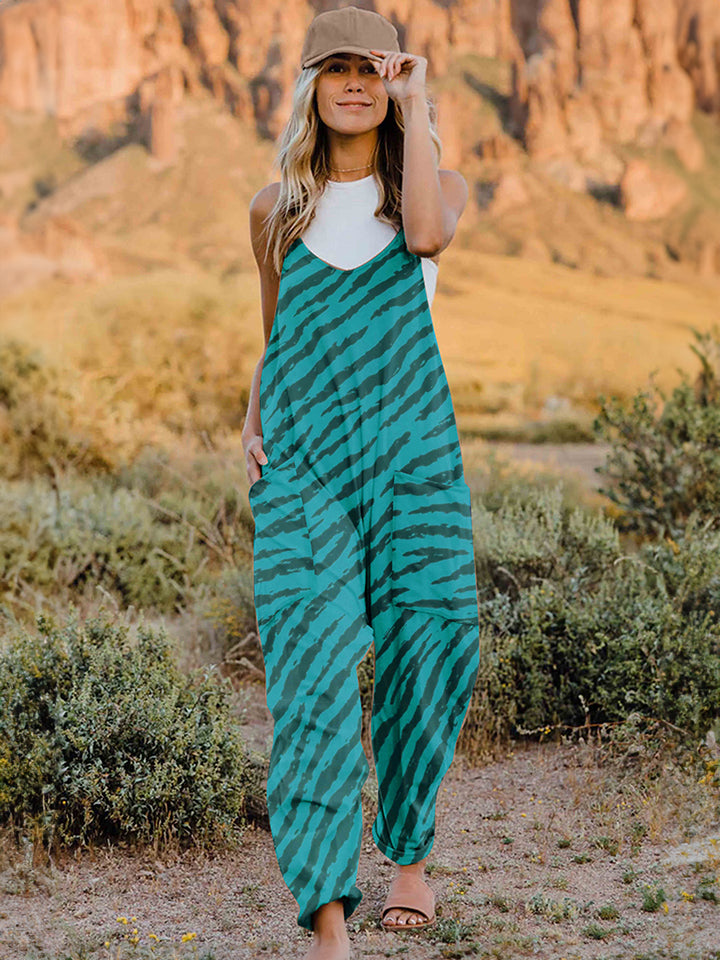 Double Take Full Size Printed V-Neck Sleeveless Jumpsuit *