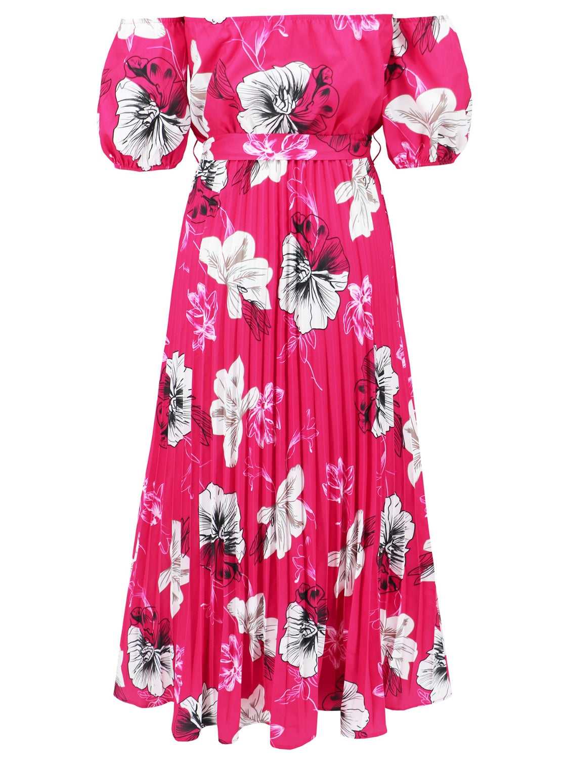 Full Size Pleated Floral Off-Shoulder Short Sleeve Midi Dress