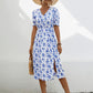 Slit Printed V-Neck Short Sleeve Dress