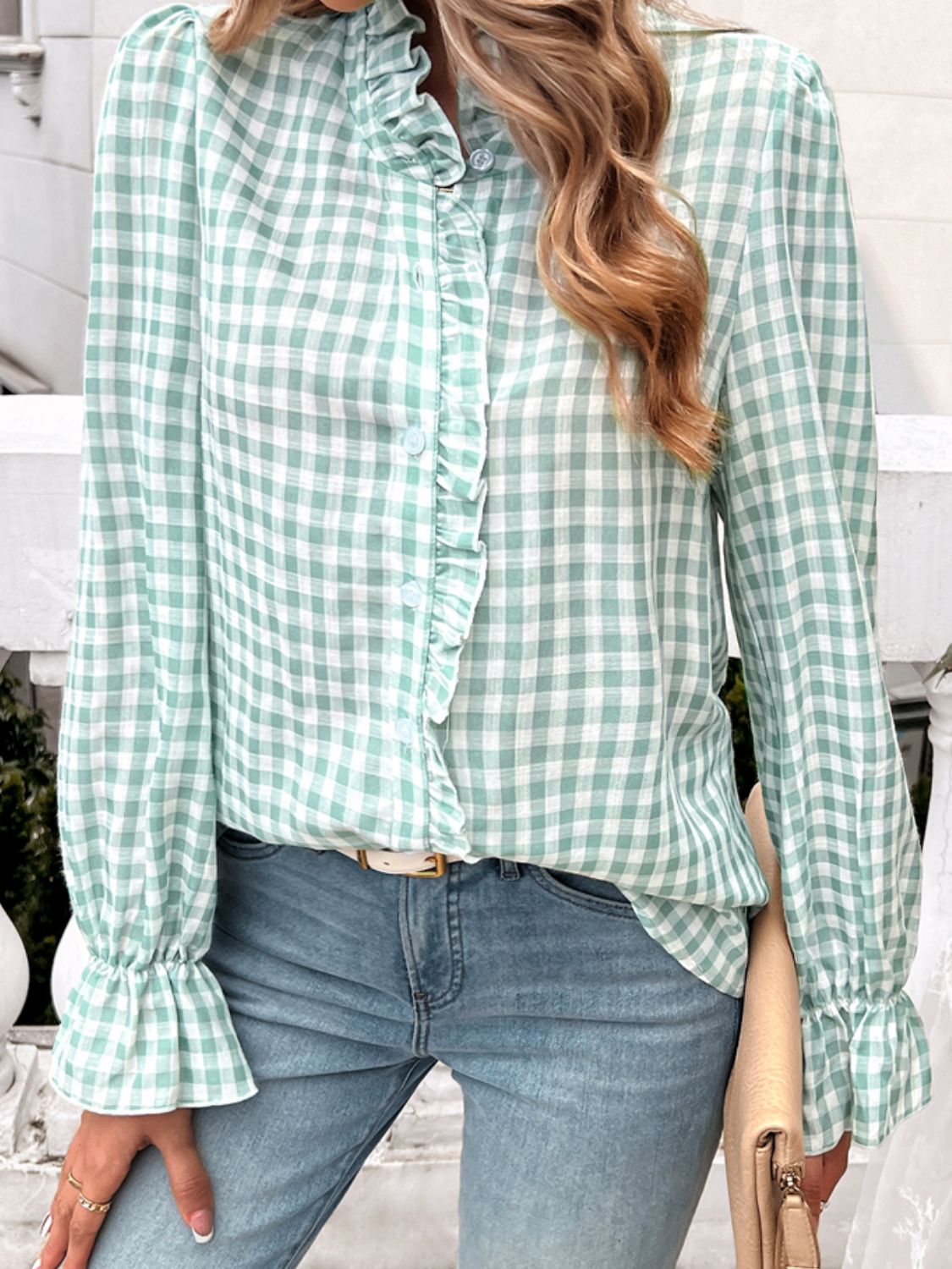 Frill Ruffled Plaid Long Sleeve Shirt