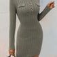 Decorative Button Round Neck Long Sleeve Dress