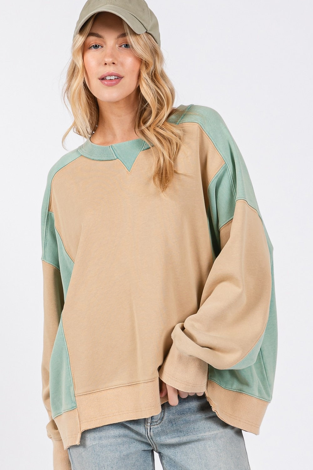 SAGE + FIG Color Block Round Neck Sweatshirt