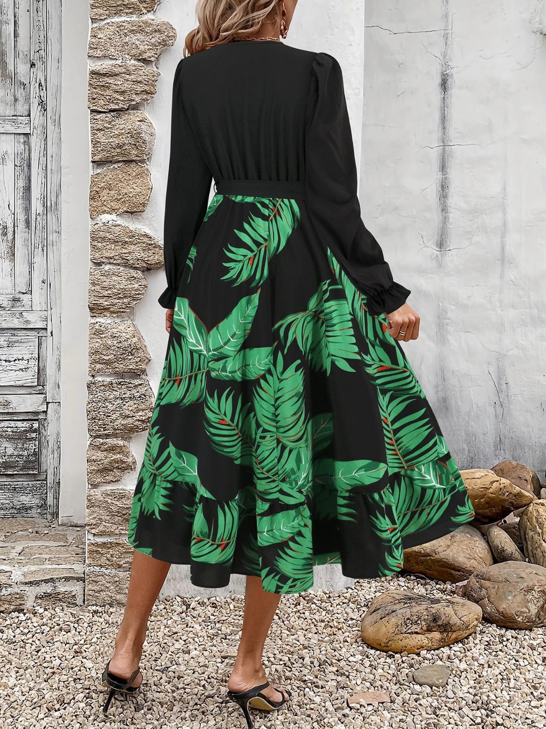 Full Size Tied Ruffled Printed Long Sleeve Dress