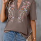 Embroidered Notched Short Sleeve T-Shirt