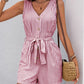 Perfee Striped V-Neck Tie Waist Romper