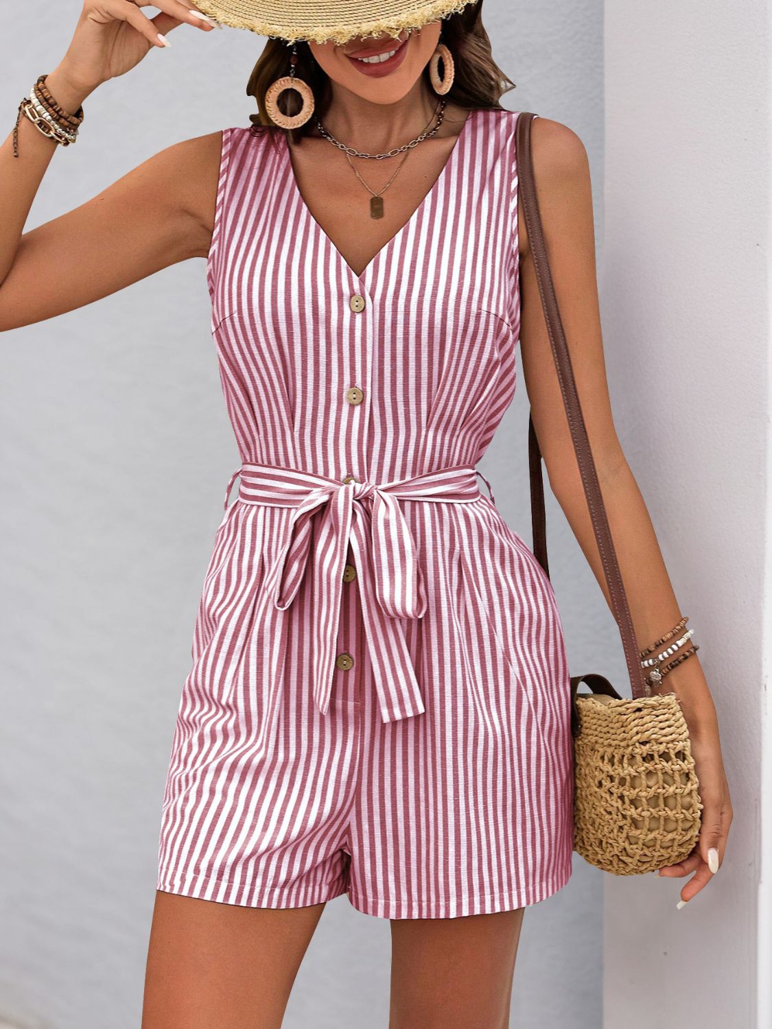 Perfee Striped V-Neck Tie Waist Romper