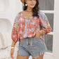Plus Size Printed Tie Neck Balloon Sleeve Blouse