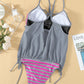 Full Size Dark Gray Crisscross Striped Spaghetti Strap Tankini Set