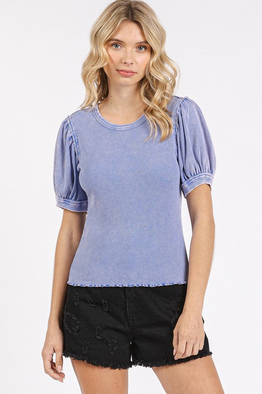Mittoshop Mineral Wash Puff Sleeve Rib Knit T-Shirt *